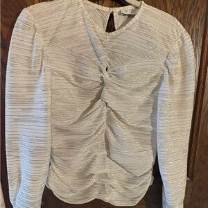 Dressy shimmery white ruched blouse with gold/silver stripes.by IRO. EUC